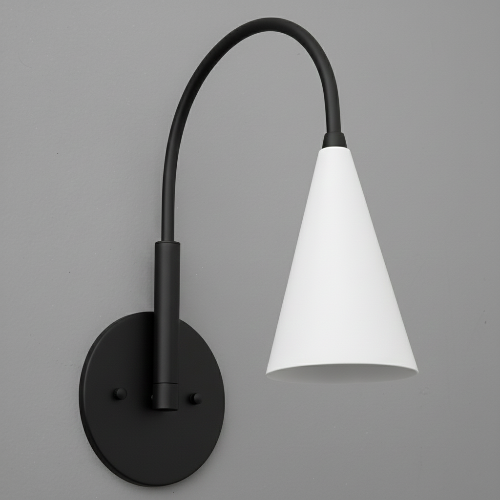 Black metal wall sconce with a curved arm and a white cone-shaped glass shade. - SCONCE MODEL NO. 1309