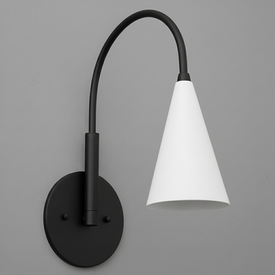 Black metal wall sconce with a curved arm and a white cone-shaped glass shade. - SCONCE MODEL NO. 1309