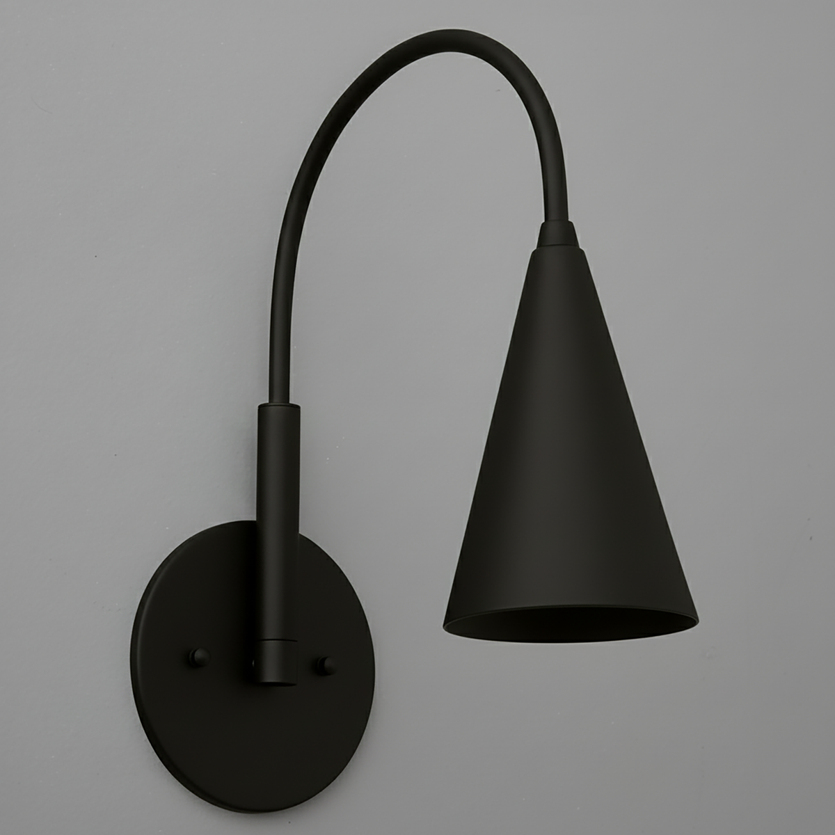 Matte black metal wall sconce with a curved arm and conical shade, single-bulb design. - SCONCE MODEL NO. 1309