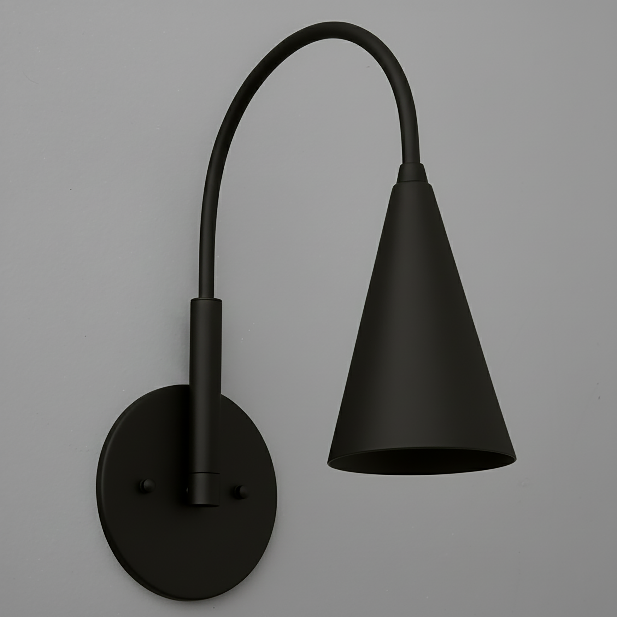Matte black metal wall sconce with a curved arm and conical shade, single-bulb design. - SCONCE MODEL NO. 1309