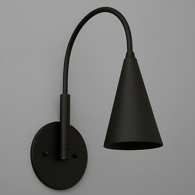 Matte black metal wall sconce with a curved arm and conical shade, single-bulb design. - SCONCE MODEL NO. 1309