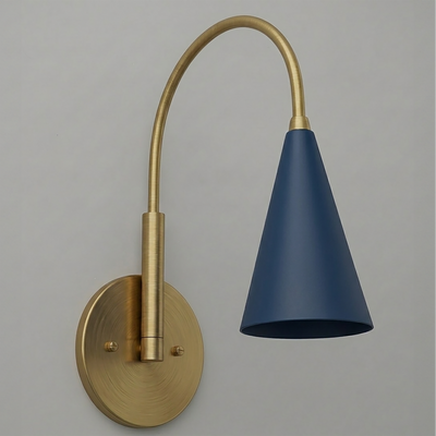 Brushed brass wall sconce with curved arm and navy blue conical metal shade. - SCONCE MODEL NO. 1309