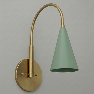 Wall sconce with a curved brass arm and matte sage green conical metal shade. - SCONCE MODEL NO. 1309