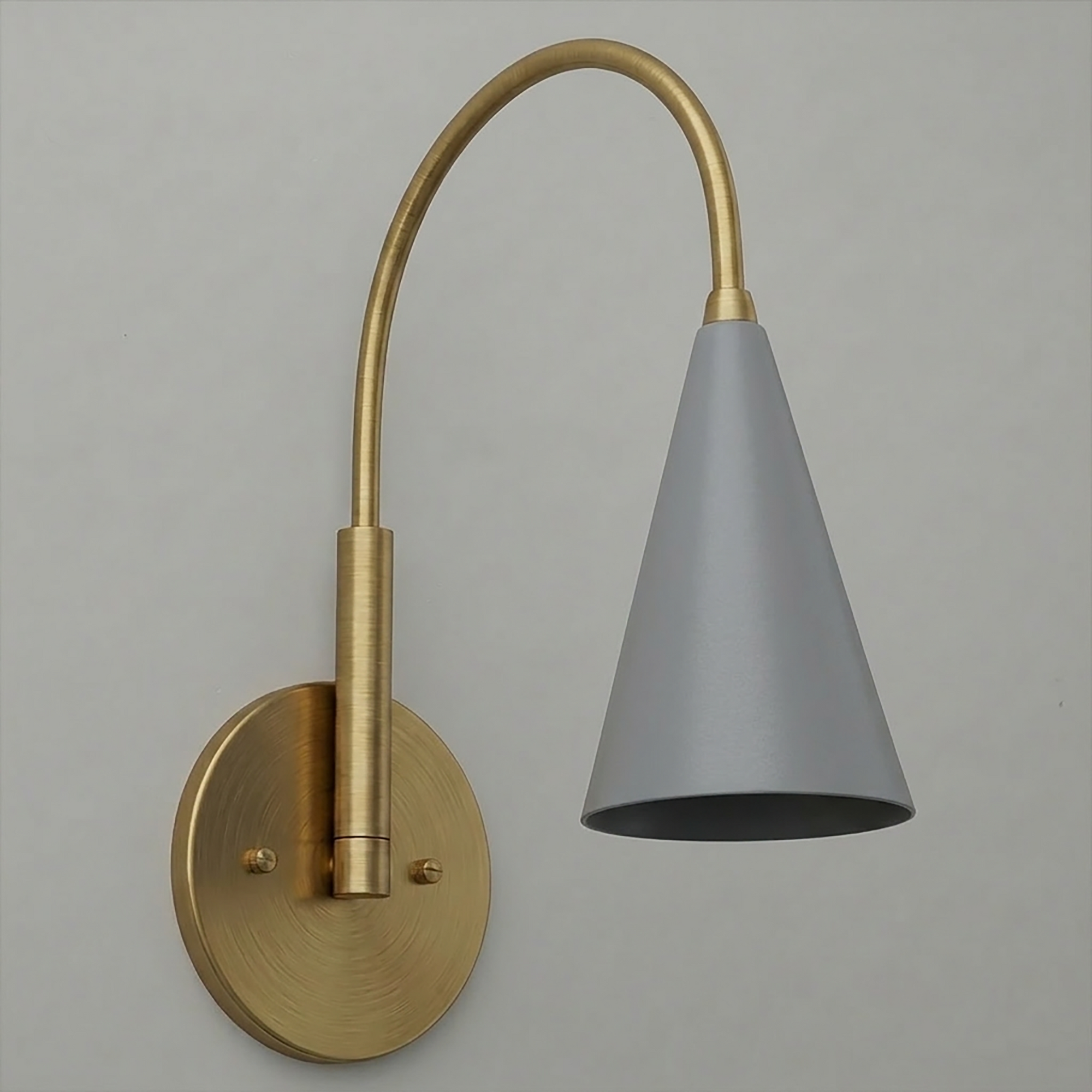 Brushed brass wall sconce with curved arm and matte gray conical shade. - SCONCE MODEL NO. 1309