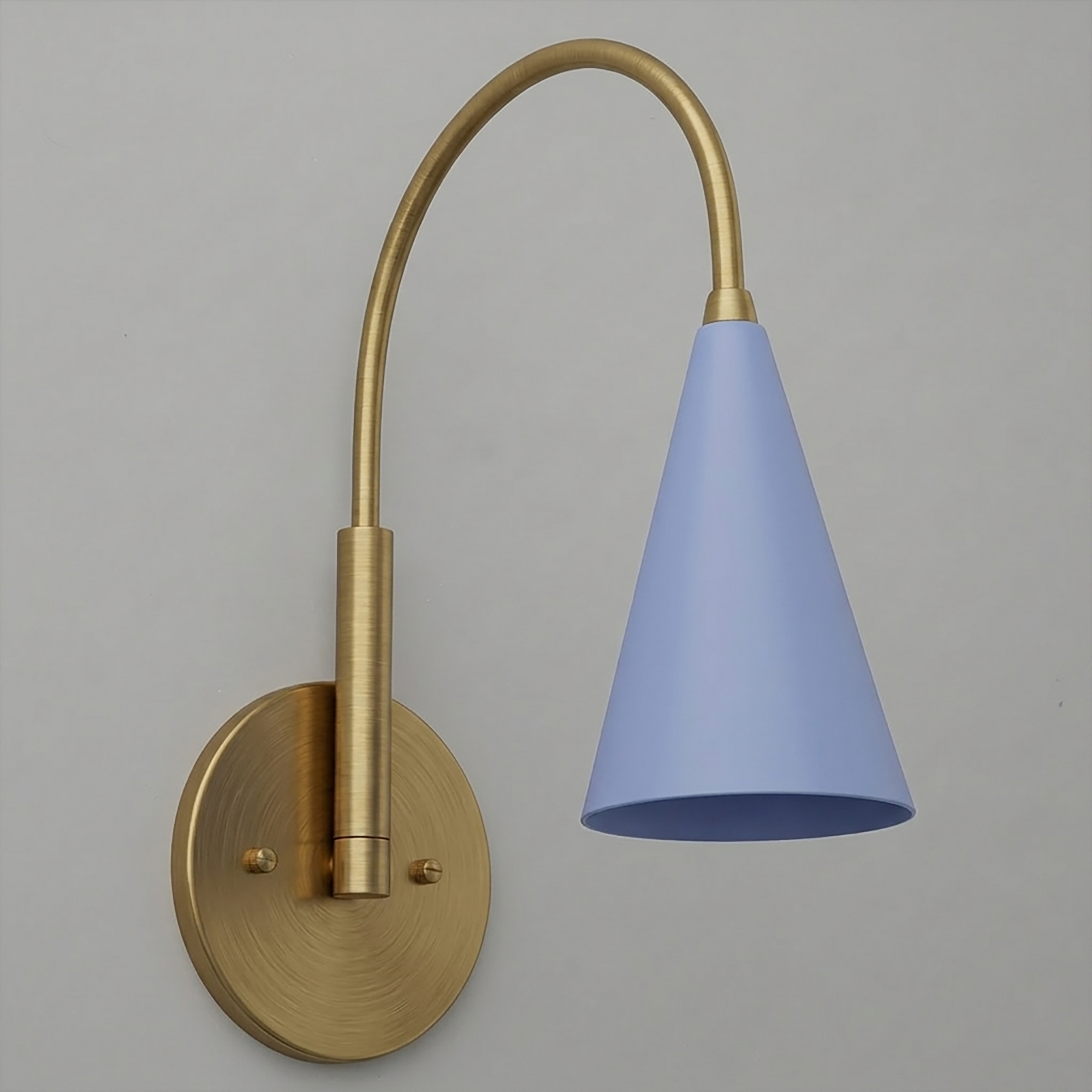 Brushed brass wall sconce with curved arm and matte blue conical shade. - SCONCE MODEL NO. 1309