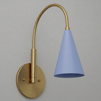 Brushed brass wall sconce with curved arm and matte blue conical shade. - SCONCE MODEL NO. 1309