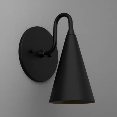 Matte black metal cone-shaped wall sconce with curved arm and round base. - Sconce Model No. 2900