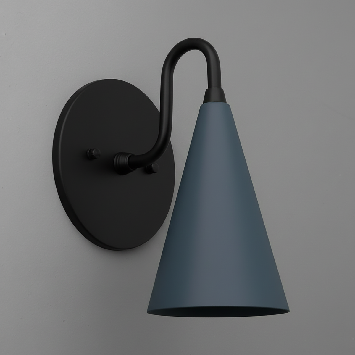 Wall sconce with matte black mount and arm, featuring a smooth coal blue conical shade. - Sconce Model No. 2900