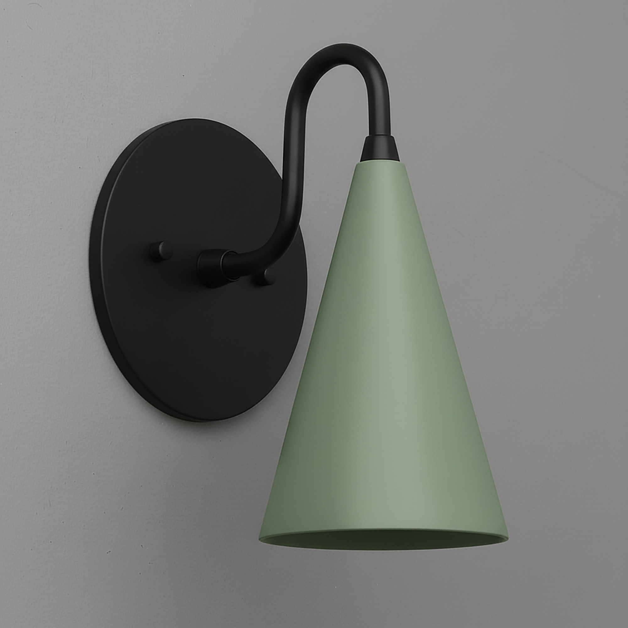 Matte black wall sconce with sage green conical metal shade and curved arm. - Sconce Model No. 2900