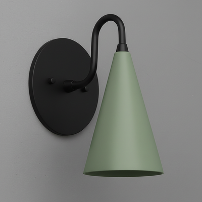 Matte black wall sconce with sage green conical metal shade and curved arm. - Sconce Model No. 2900