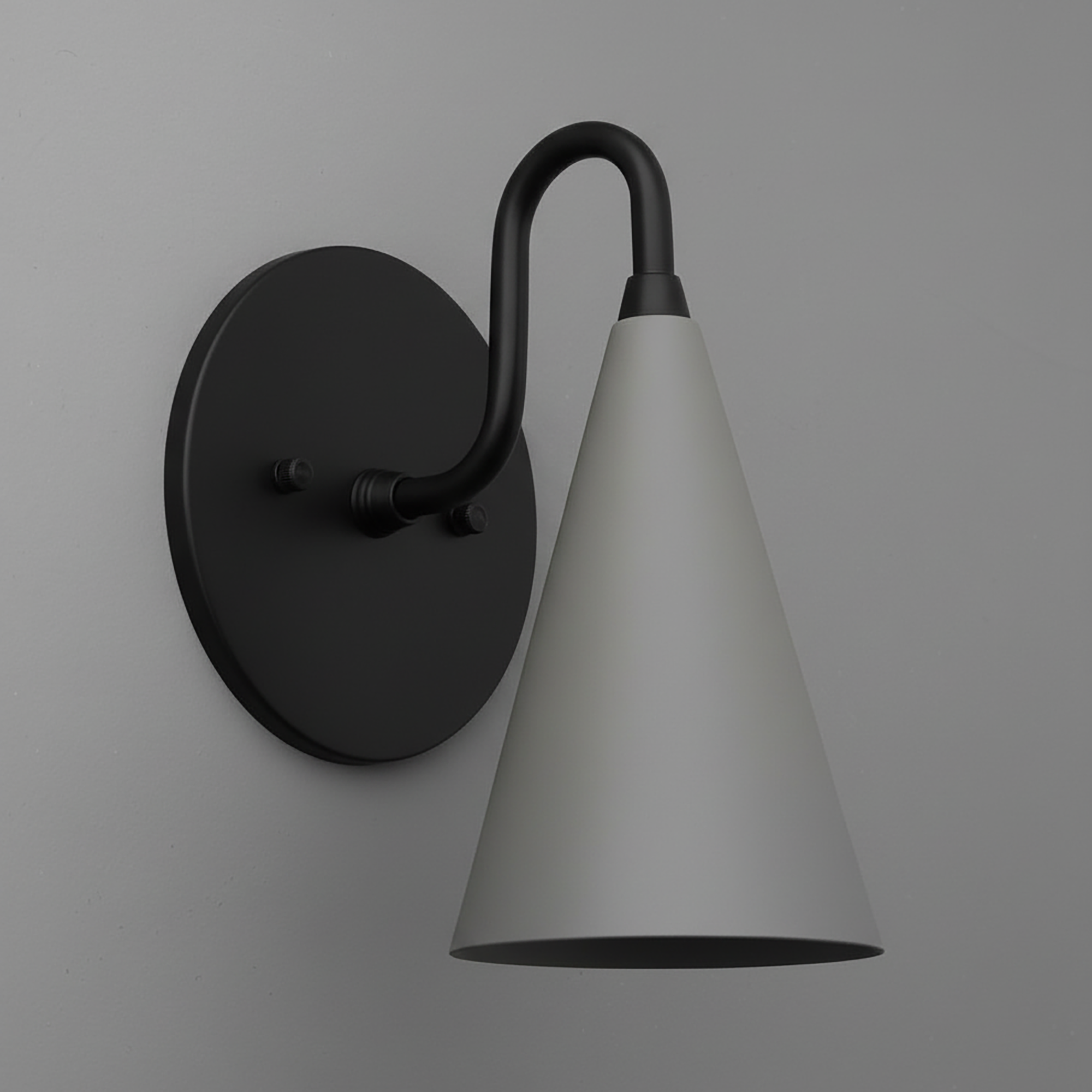 Black metal wall sconce with matte black round backplate and cream tapered cone shade. - Sconce Model No. 2900