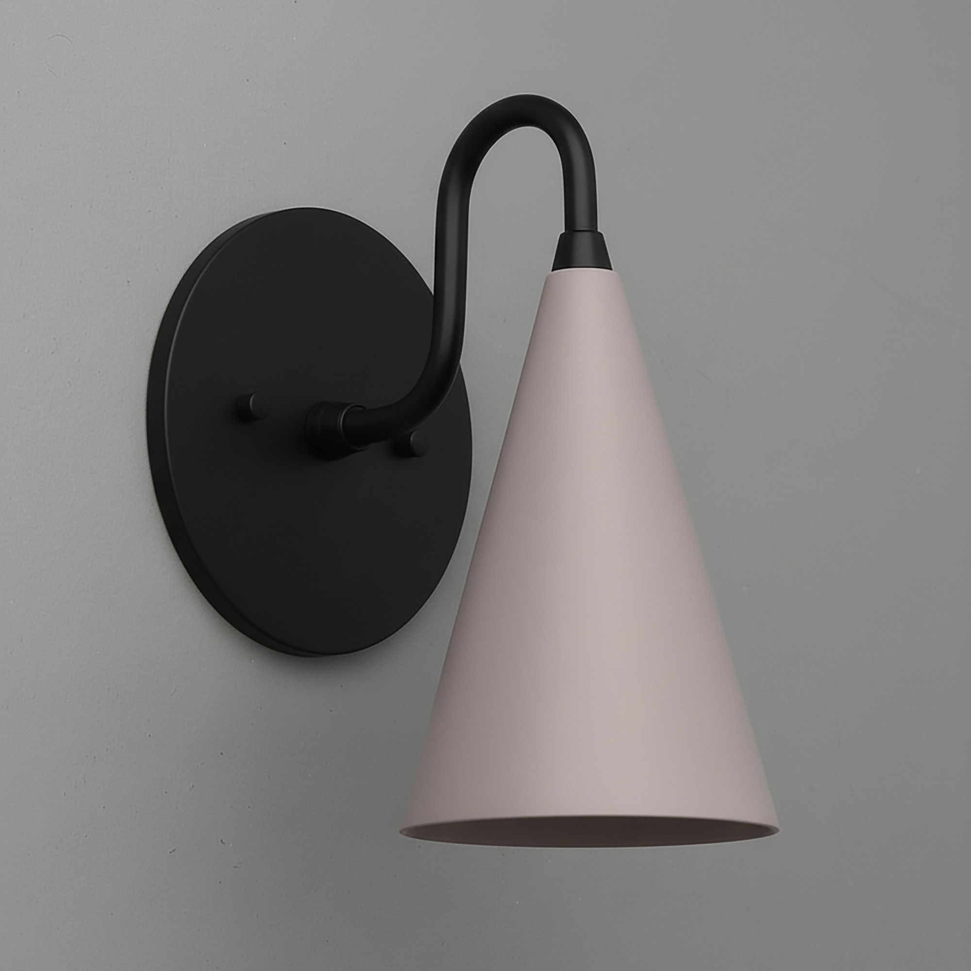 Matte black wall sconce with a soft mauve conical shade and curved arm. - Sconce Model No. 2900