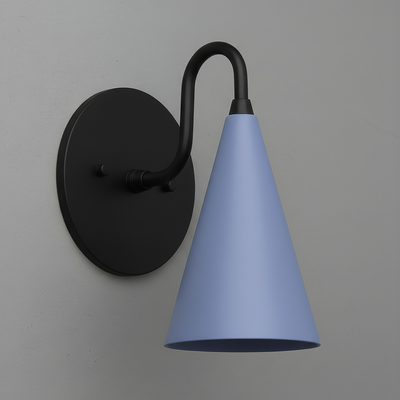 Matte black metal sconce with a periwinkle blue conical shade mounted on a round backplate. - Sconce Model No. 2900