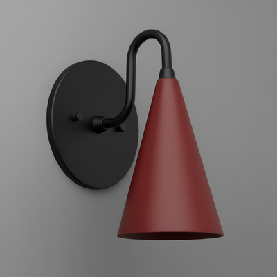 Black metal sconce with brick red conical shade and curved arm on round backplate. - Sconce Model No. 2900