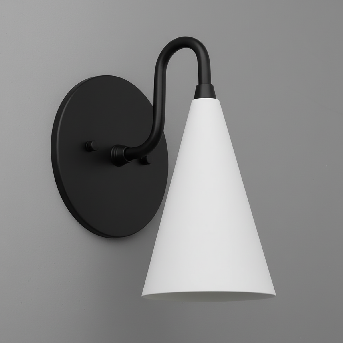 Black metal wall sconce with matte white conical shade on gray background. - Sconce Model No. 2900