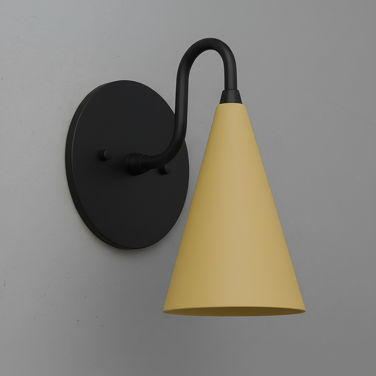 Wall sconce with matte black mount and curved arm, matte yellow conical shade. - Sconce Model No. 2900
