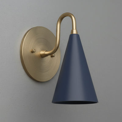 Antique brass sconce with a smooth curved arm and a matte coal blue cone-shaped shade mounted on a round wall plate. - Sconce Model No. 2900