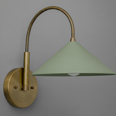 Antique brass sconce with curved arm and matte soft green conical metal shade. - Sconce Model No. 1583