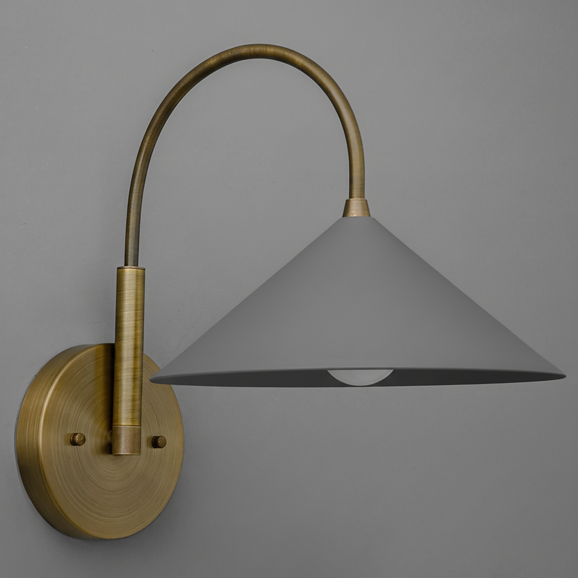 Antique brass sconce with curved arm and wide matte gray conical shade. - Sconce Model No. 1583