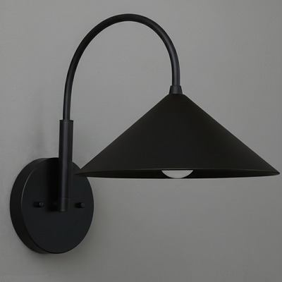 Black metal wall sconce with conical shade and curved arm mounted on round base. - Sconce Model No. 1583