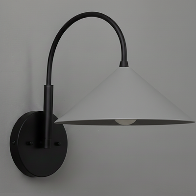Black metal wall sconce with conical white shade and curved arm mounting on round base. - Sconce Model No. 1583