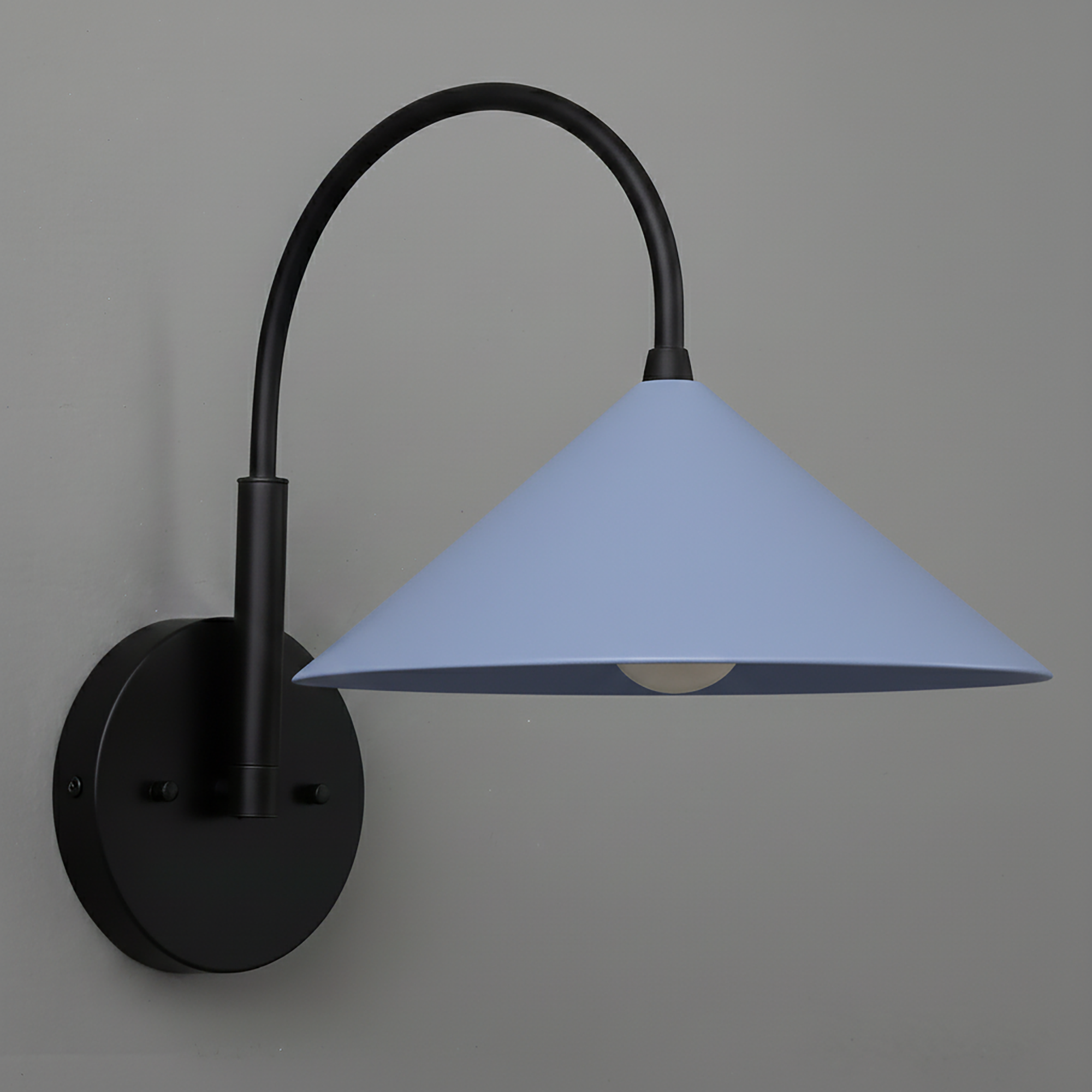 Black metal sconce with curved arm and wide periwinkle blue conical shade. - Sconce Model No. 1583