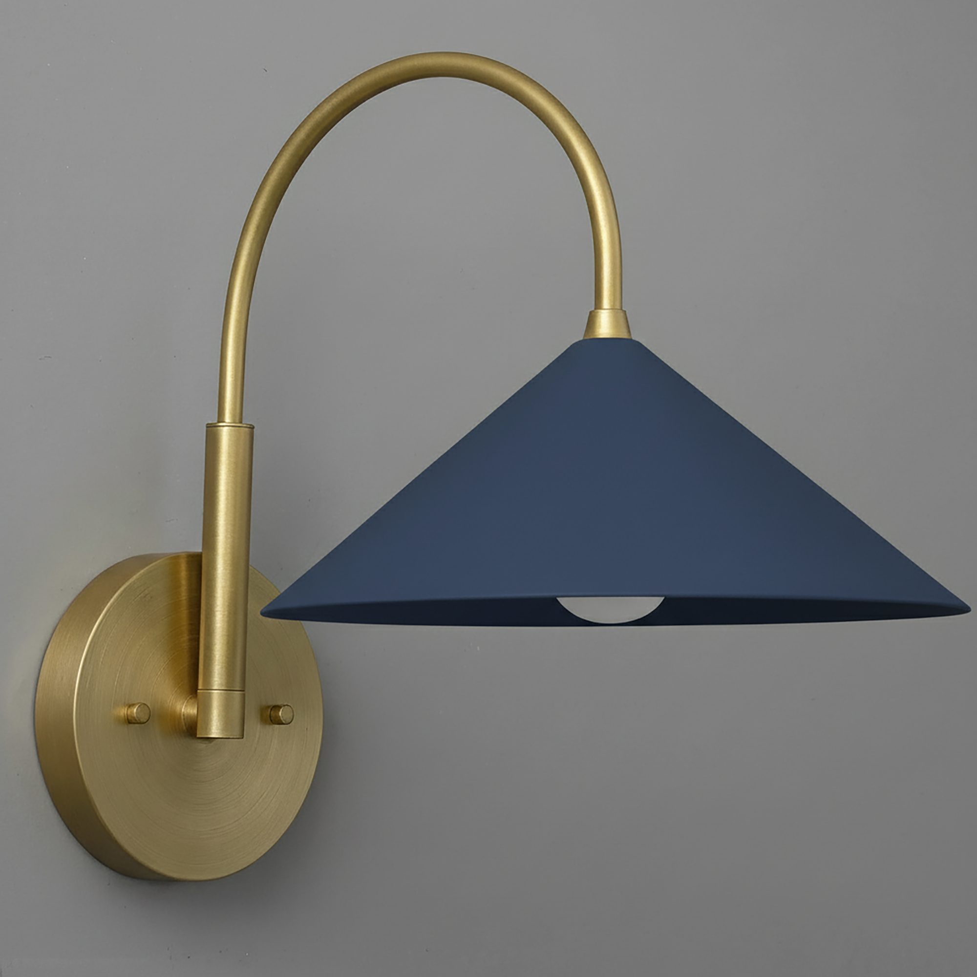 Antique brass wall sconce with curved arm and coal blue conical metal shade. - Sconce Model No. 1583