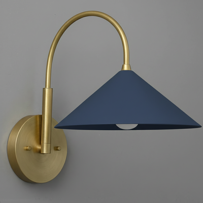 Antique brass wall sconce with curved arm and coal blue conical metal shade. - Sconce Model No. 1583