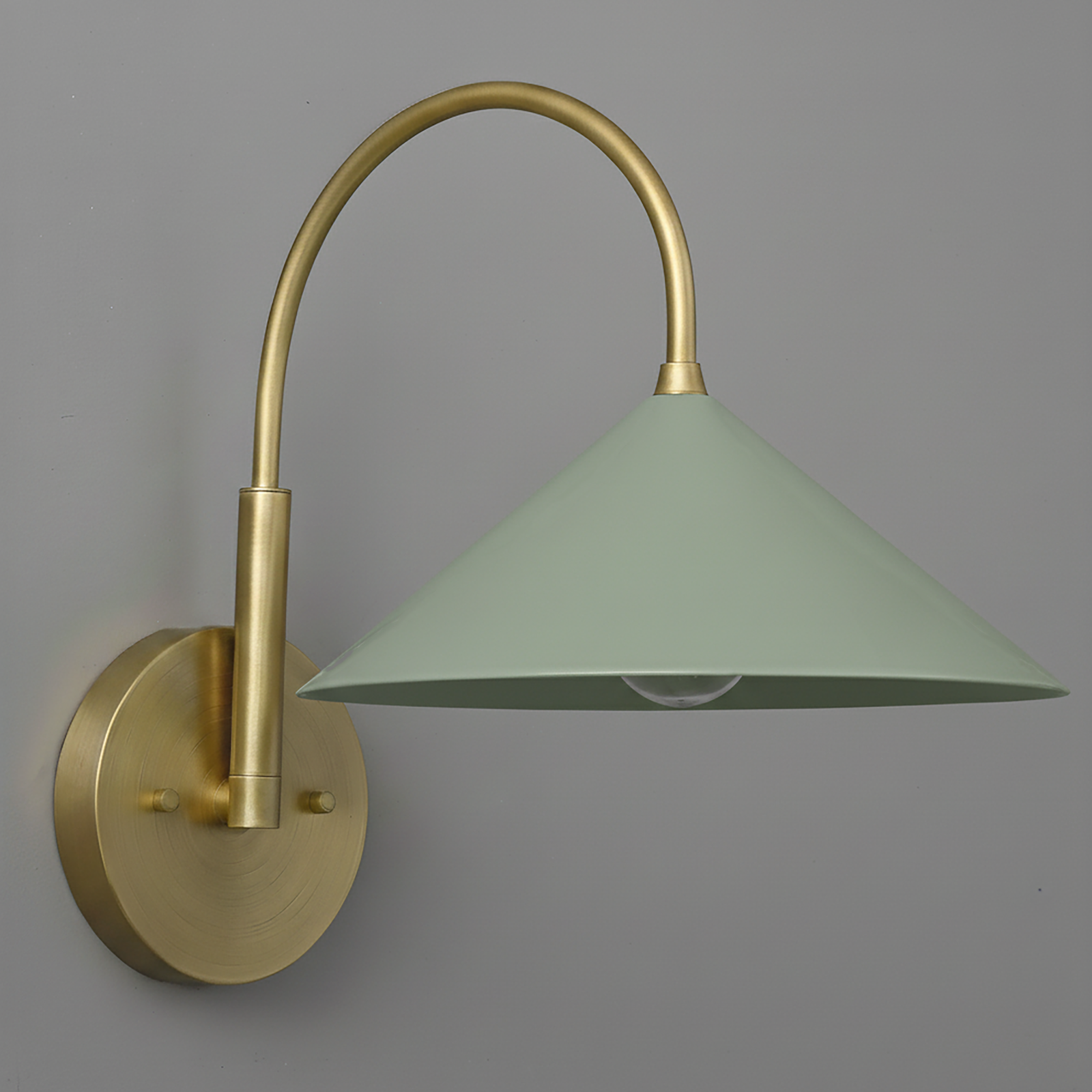 Antique brass wall sconce with curved arm and light green conical metal shade. - Sconce Model No. 1583