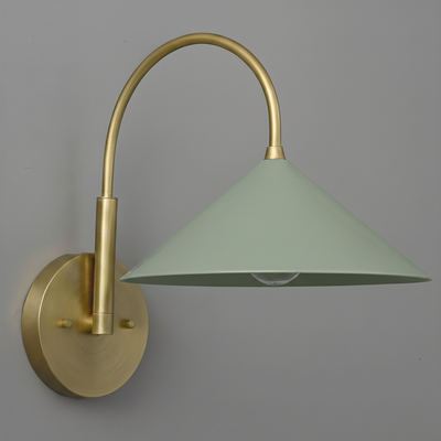 Antique brass wall sconce with curved arm and light green conical metal shade. - Sconce Model No. 1583