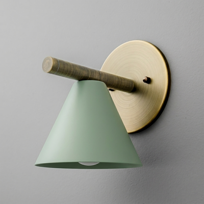 Wall sconce with green conical shade, brass round base, and wooden arm extending horizontally. - SCONCE MODEL NO. 5075