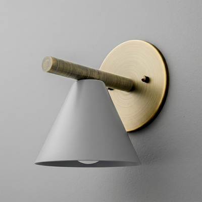 Wall sconce with matte gray conical shade, brass circular backplate, and horizontal brass arm. - SCONCE MODEL NO. 5075