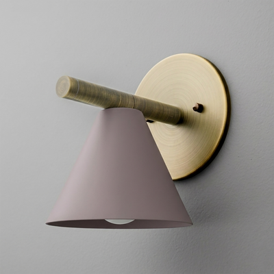 Wall-mounted sconce with matte lavender conical shade and brushed brass arm and round base plate. - SCONCE MODEL NO. 5075