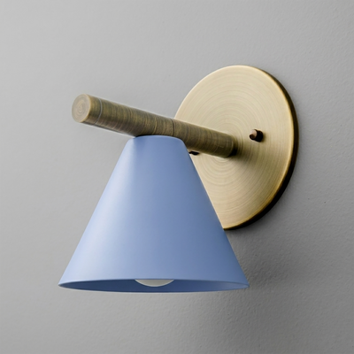 Wall-mounted sconce with brushed brass circular base and arm, featuring a matte blue cone-shaped shade. - SCONCE MODEL NO. 5075
