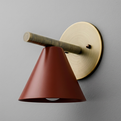 Wall sconce with matte terracotta conical shade, brushed brass circular mount, and horizontal brass arm. - SCONCE MODEL NO. 5075
