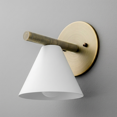 Brushed brass wall sconce with cylindrical arm and white conical metal shade. - SCONCE MODEL NO. 5075