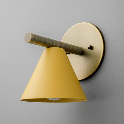 Matte yellow conical shade sconce with brushed brass circular wall mount and horizontal arm. - SCONCE MODEL NO. 5075