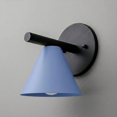 Wall sconce with matte black round backplate and horizontal arm, featuring a conical light blue shade. - SCONCE MODEL NO. 5075