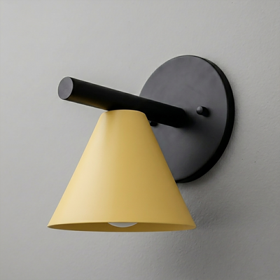 Wall sconce with matte black metal round base and horizontal arm, featuring a conical yellow shade. - SCONCE MODEL NO. 5075