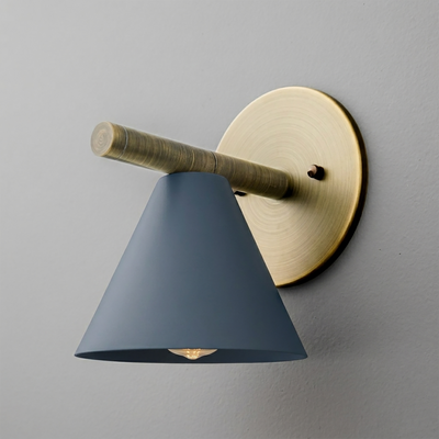 Wall sconce with matte blue conical shade and brushed brass circular mount and arm. - SCONCE MODEL NO. 5075