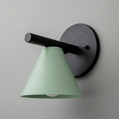 Black metal sconce with horizontal arm and mint green conical shade covering one bulb. - SCONCE MODEL NO. 5075