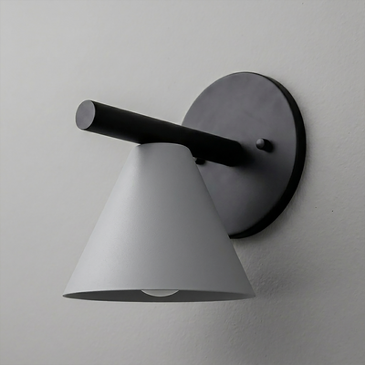 Black metal wall sconce with a conical white shade and a round mounting plate. - SCONCE MODEL NO. 5075