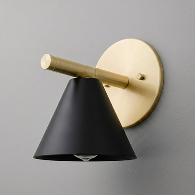 Wall sconce with brushed brass arm and round backplate, matte black conical shade, single bulb design. - SCONCE MODEL NO. 5075