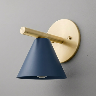 Matte navy blue cone-shaped metal shade with brushed brass cylindrical arm and round wall mount sconce. - SCONCE MODEL NO. 5075