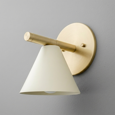 Brushed brass wall sconce with conical white shade and round backplate. - SCONCE MODEL NO. 5075