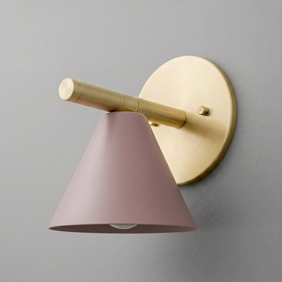 Brushed brass wall sconce with round backplate and conical matte pink metal shade. - SCONCE MODEL NO. 5075