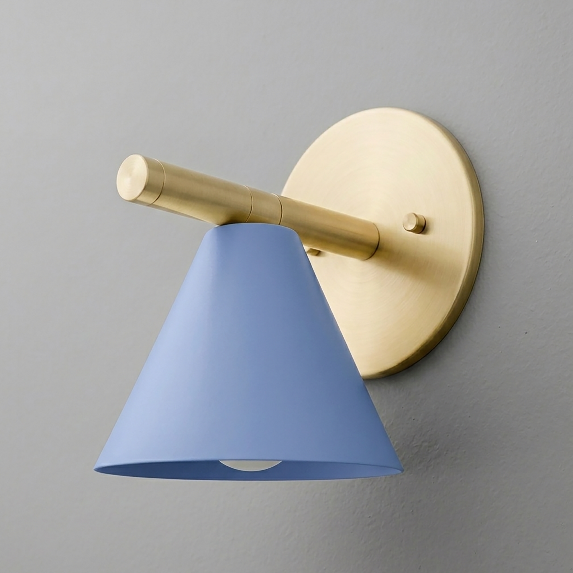 Wall sconce with matte gold metal base and arm, featuring a blue conical shade. - SCONCE MODEL NO. 5075