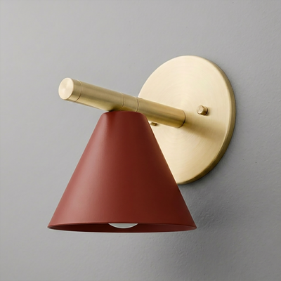 Wall sconce with matte gold cylindrical arm and rust-red conical shade, single bulb design. - SCONCE MODEL NO. 5075
