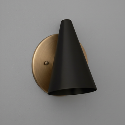 Matte black conical metal sconce with brushed brass circular wall mount and single bulb fixture. - SCONCE MODEL NO. 5950