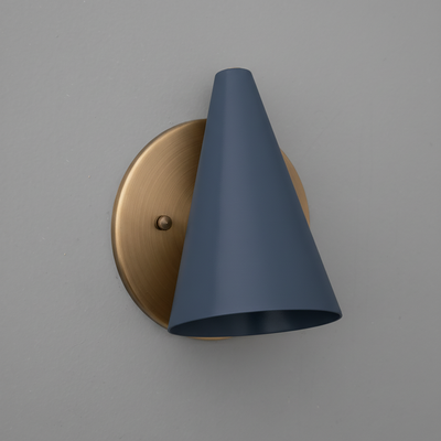 Matte blue conical metal shade wall sconce with brushed gold round base and single bulb socket. - SCONCE MODEL NO. 5950